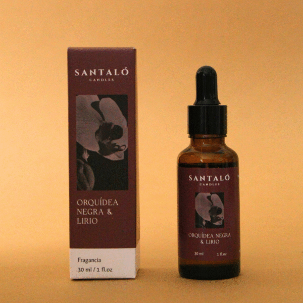 Aceite Aromático con fragancia de orquídea negra y lirio en envase de vidrio ámbar