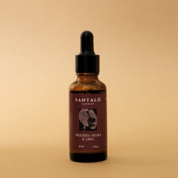 Aceite Aromático con fragancia de orquídea negra y lirio en envase de vidrio ámbar