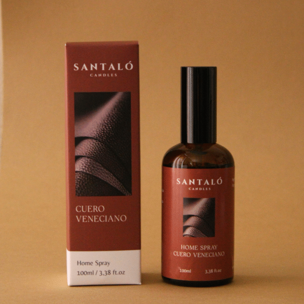 Home Spray con fragancia de cuero veneciano en envase de vidrio ámbar