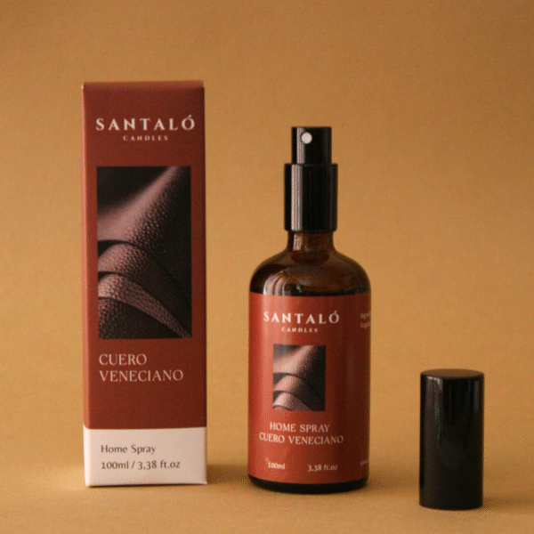 Home Spray con fragancia de cuero veneciano en envase de vidrio ámbar